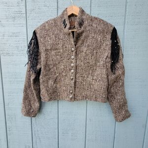 Double D Ranch Cropped Tweed Fringe Beaded Jacket sz S Black Brown Western VTG